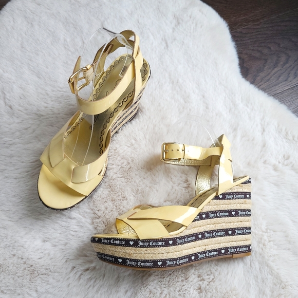 Juicy Couture Y2K Patent Leather Platform Hearts Espadrille Lemon Yellow Wedge - Picture 4 of 10
